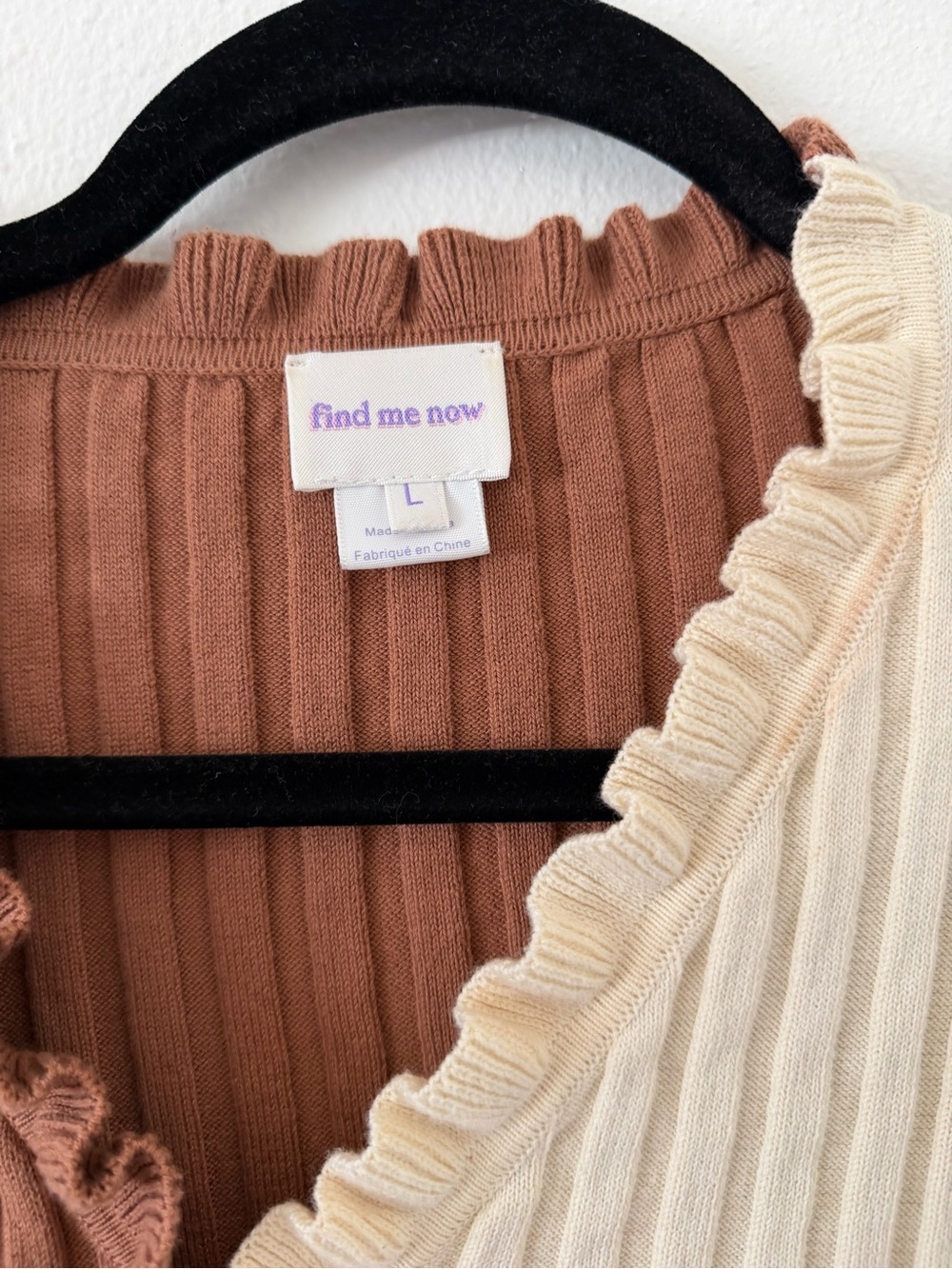 Two-Tone Ribbed Ruffle Cardigan - Brown & Cream - Picture 3 of 5